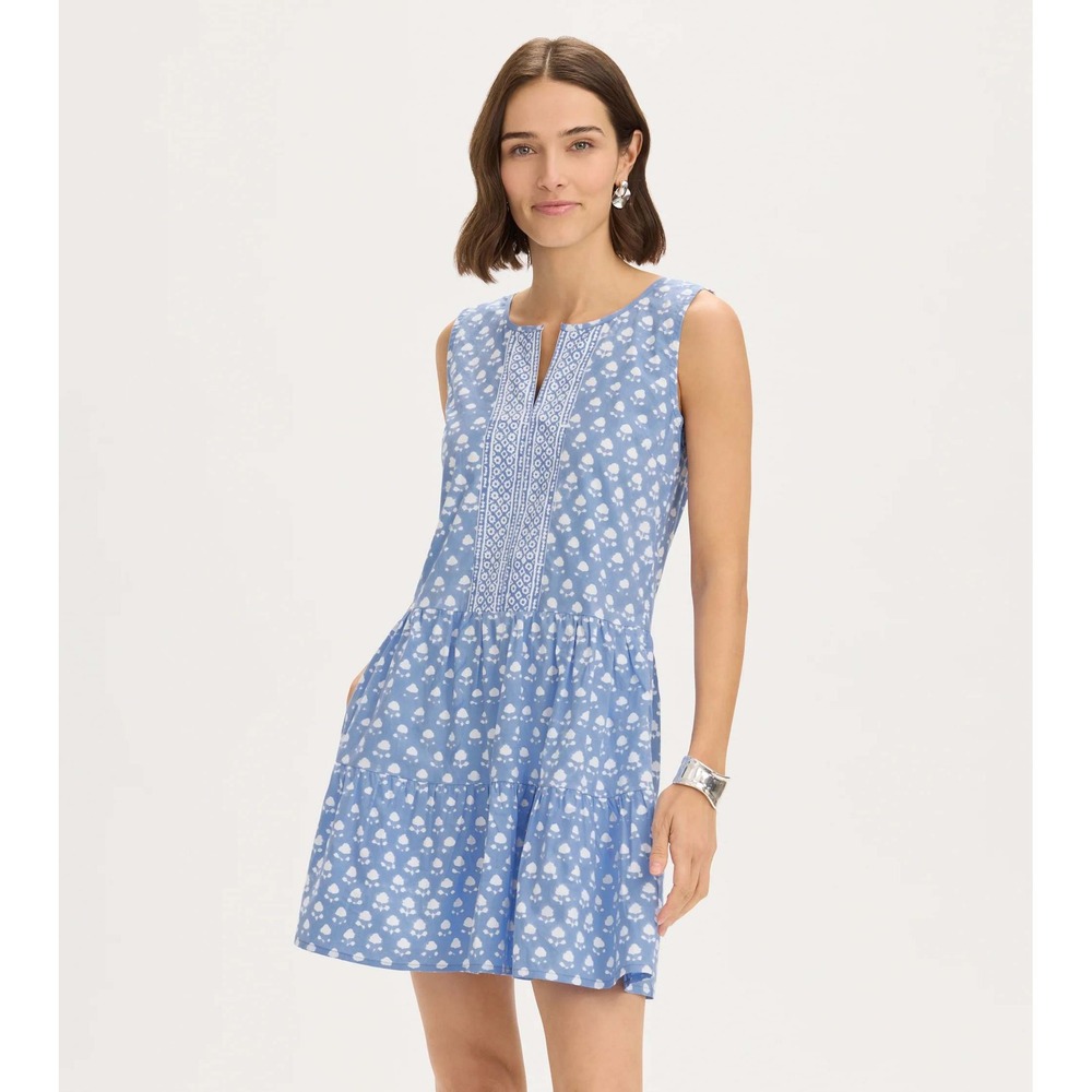 RNWK Floral Block Print Tiered Cotton Mini Dress Blue White Medium Preppy - Picture 2 of 8